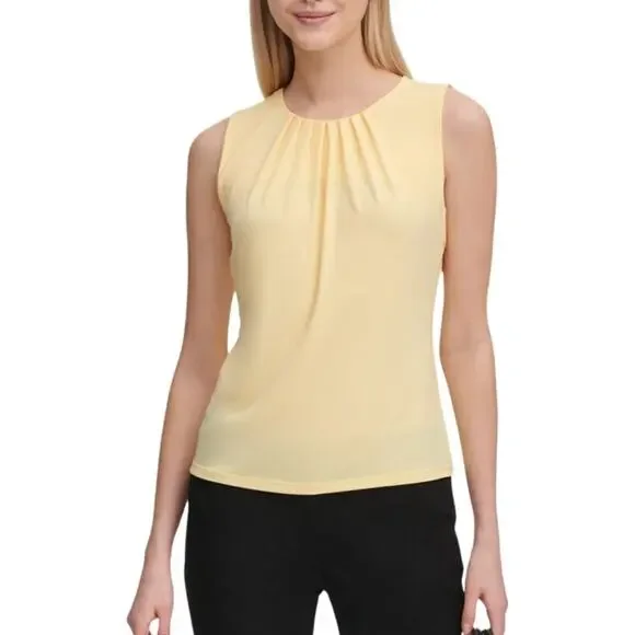 Calvin Klein Butter Yellow Sleeveless Pleated Blouse Women's 14 Quiet Luxury Top - Picture 1 of 16